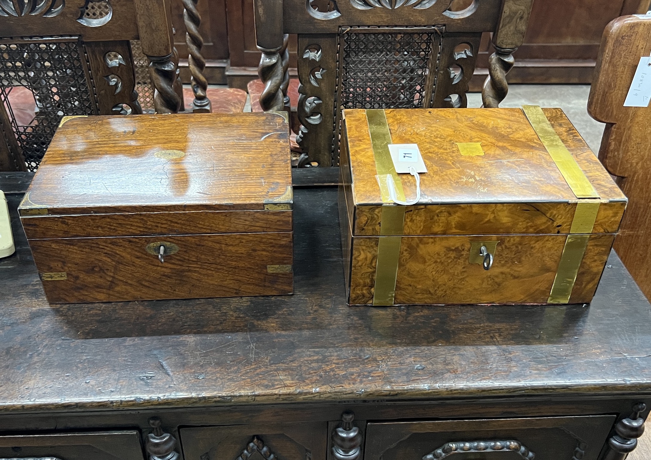 A Victorian brass mounted walnut writing slope, width 30cm and a smaller brass mounted box